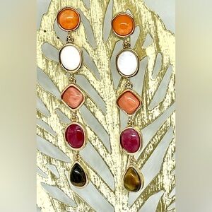 Brown Tiger’s Eye White MOP Orange Red Multi Stone Linear Dangle Earrings NWT 3”